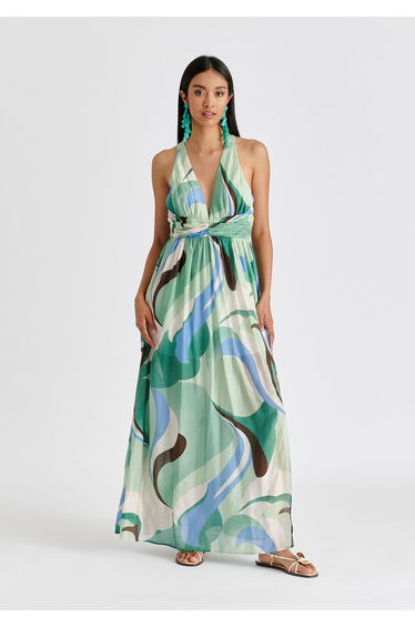 Retro Wave Halter Neck Maxi Dress