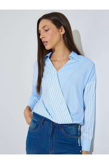 Light Blue Striped Wrap Front Shirt