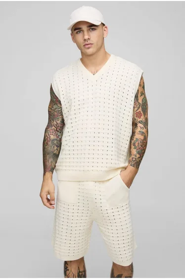 Oversized V Neck Vest & Relaxed Basketball Short Knitted Set - ecru
