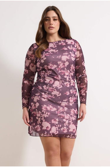 Burgundy Floral Pattern A-Line Mini Knitted Plus Size Dress