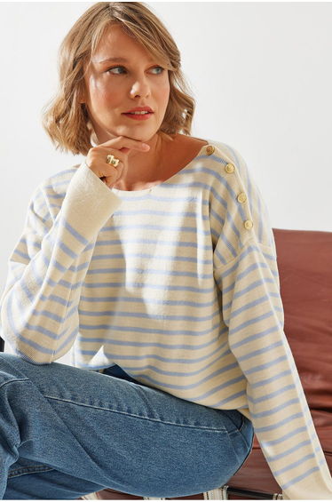 Women's Striped Shoulder Buttoned Sweater
