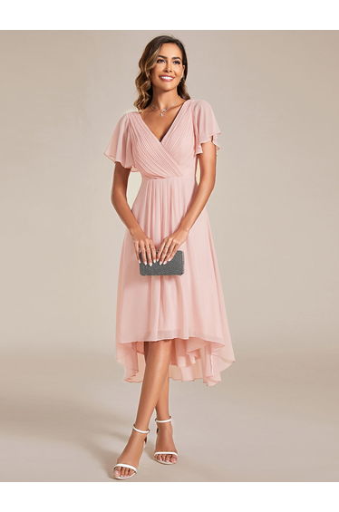 ever FAYE|Chic V Neck Asymmetrical Hem Ruffles Sleeve Pleated Chiffon Wedding Guest Dress