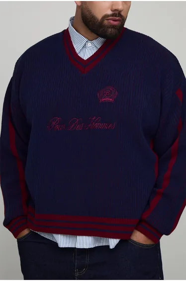 Plus Knitted Embroidered V Neck Football Top - navy