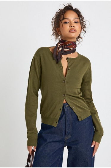 Super Soft Lightweight Knitted Crew Neck Cardigan - khaki