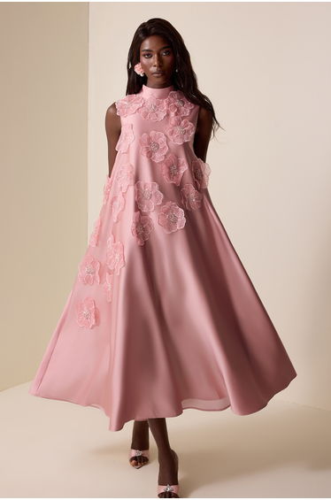 Coline Appliquéd Satin Midi Dress in Pink