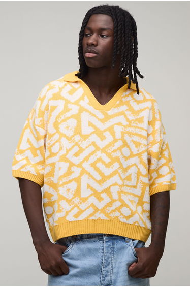 Oversized Boxy Abstract Jacquard Knitted Polo - yellow