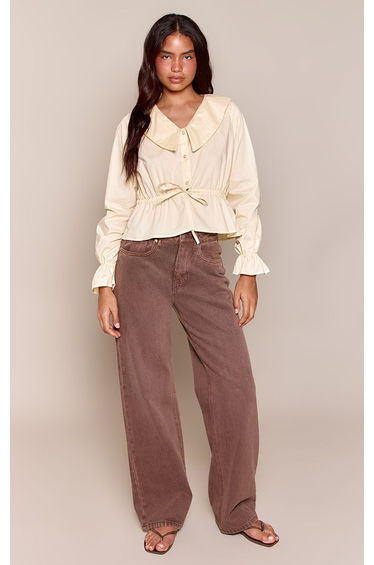 Butter Cream Cotton Poplin Collar Detail Cinched Shirt