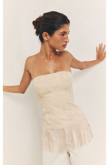 Cream Textured Fringe Tassel Hem Bandeau Top