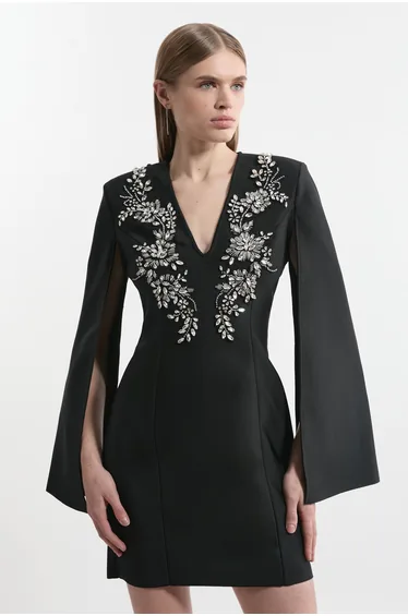 Bandage Form Fitting Cape Sleeve Embellished Mini Dress