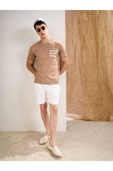 Beige Premium Knit Contrast Pocket T-Shirt