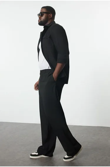 Large Size Black Wideleg Fabric Trousers