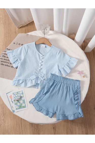 Girls Blue Ruffle Trim Top and Shorts Set