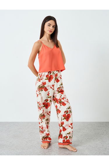 Women Solid Cami Top and Floral Printed Pyjama Set