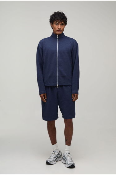 Oversized Boxy Rib Dual Ended Zip Through Funnel Neck Short Tracksuit - navy