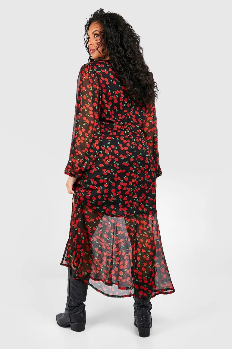 Plus Cherry Print Lined Midaxi Dress - red - 1