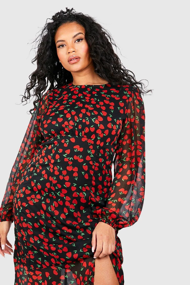 Plus Cherry Print Lined Midaxi Dress - red - 3