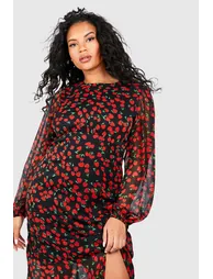 Plus Cherry Print Lined Midaxi Dress - red - 3