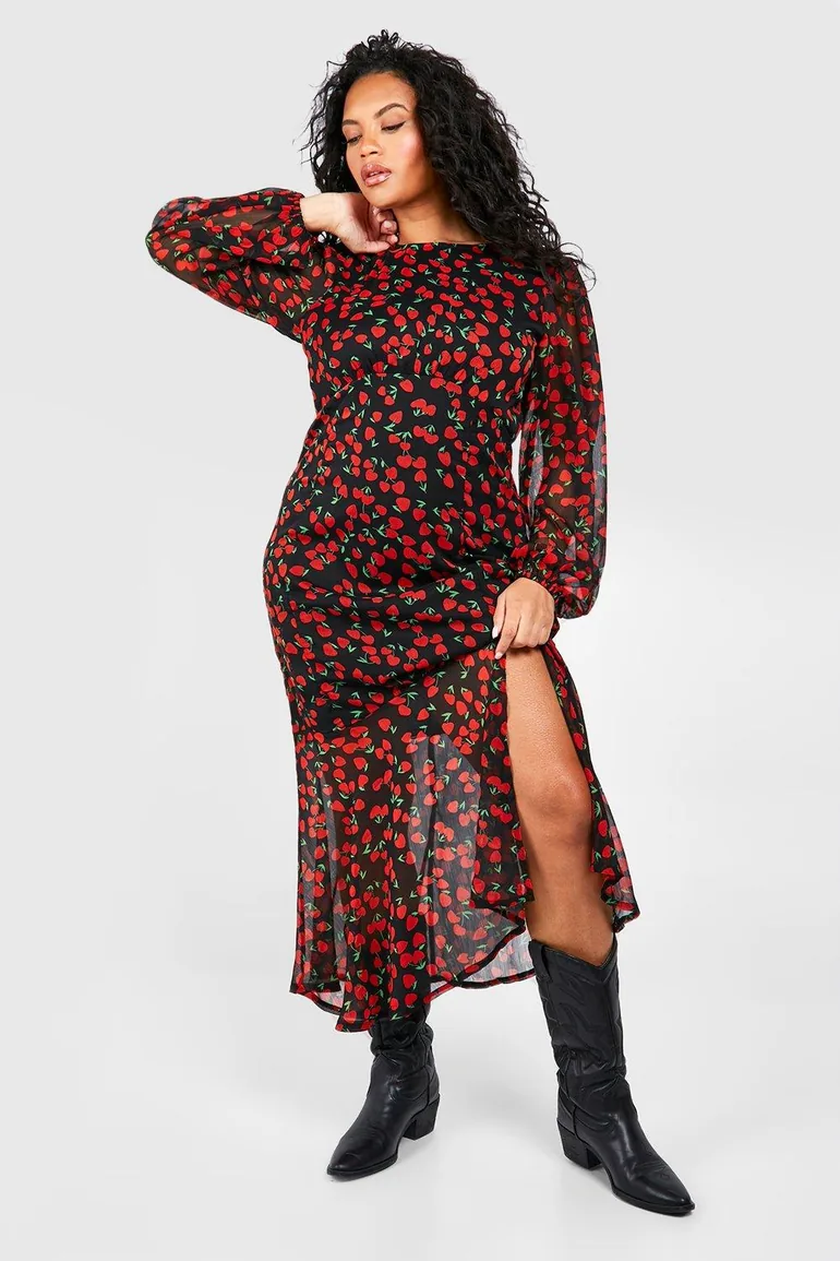 Plus Cherry Print Lined Midaxi Dress - red