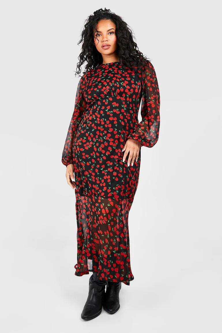 Plus Cherry Print Lined Midaxi Dress - red - 2