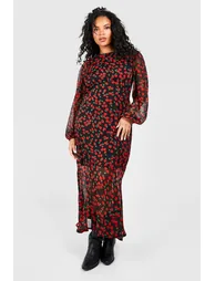 Plus Cherry Print Lined Midaxi Dress - red - 2