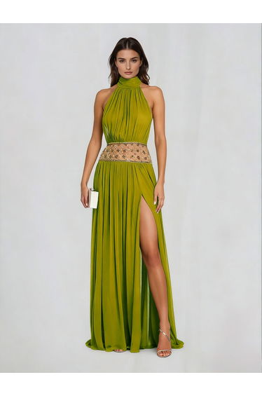 Altoir Halterneck Ruched Crystal Maxi Dress In Ochre