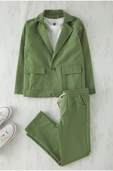 Khaki cotton 3-piece boys' t-shirt, jacket, and pants woven top and bottom set