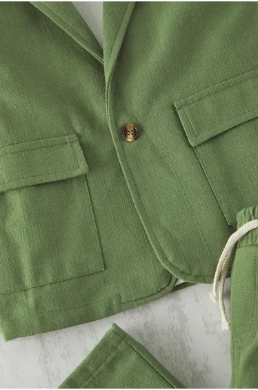 Khaki cotton 3-piece boys' t-shirt, jacket, and pants woven top and bottom set