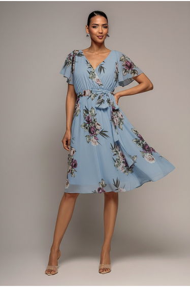 Sustainable Floral Print Midi Wrap Dress With Flutter Sleeves - Airforce Blue by Goddiva