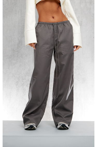 Charcoal Woven Drawstring Low Rise Relaxed Trousers