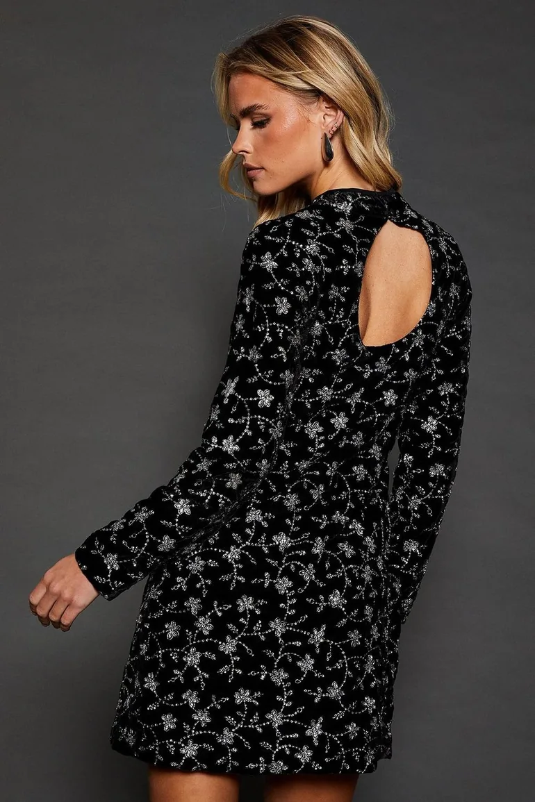 Shop Dp Luxe Petite Black Embroidered Velvet Mini Dress Online in Qatar