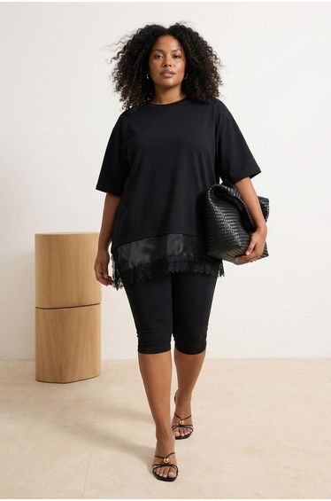 Black Six Lace Detailed Knitted Plus Size Women's T-Shirt