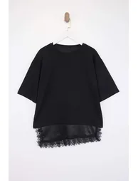 Black Six Lace Detailed Knitted Plus Size Women's T-Shirt - 3