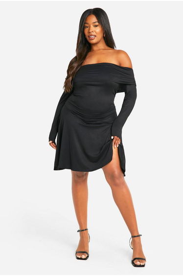 Plus Off Shoulder Long Sleeve Skater Dress - black