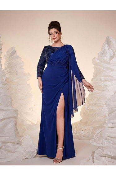 Leely Plus Women's Elegant Round Neck Long Sleeve Party Dress