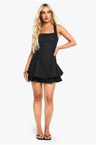 Square Neck Pleated Hem Mini Dress - black