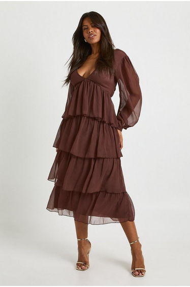 Chiffon Ruffle Midaxi Dress - chocolate