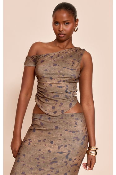 Khaki Abstract Print Onion Sleeveless Asymmetric Hem Top