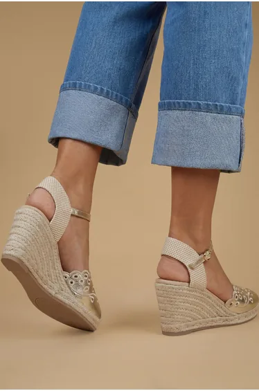 Britany Cut Out Detail Faux Leather 2 Part Espadrille Wedges