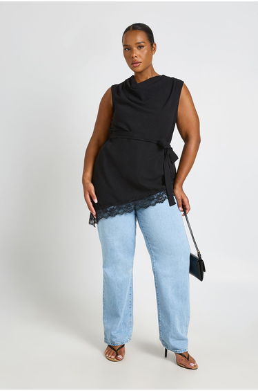 Plus Cowl Neck Tie Waist Lace Hem Asymmetric Top - black