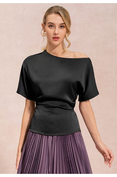 Slant Shoulder Self-Tie Back Satin Top in Black for Office Wear & Cocktail Party