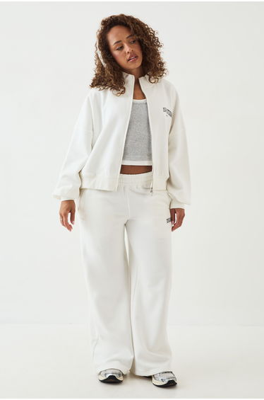 DSGN Studio Collegiate Printed Zip Through Funnel Neck Bomber Sweatshirt - cream
