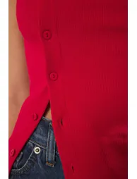 Red Buttoned Asymmetric Fitted/Fits Body Knitted Blouse - 2