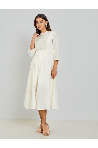 Women Cream Embroidered A-Line Midi Dress