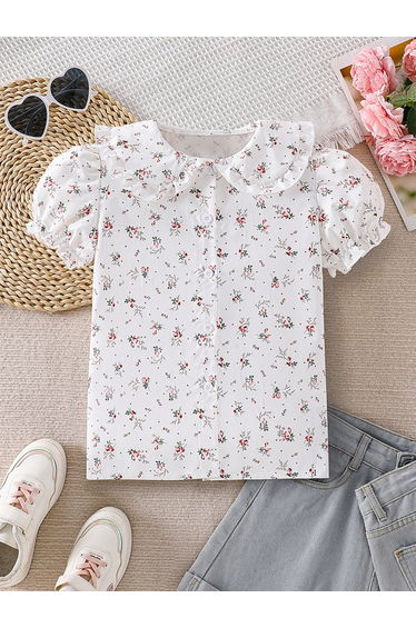 Girls Floral Peter Pan Collar Puff Sleeve Shirt