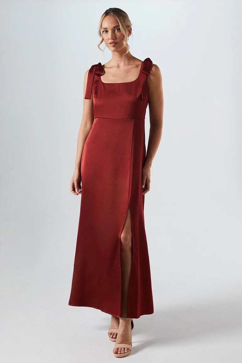 Shop Satin Tie Shoulder Midi Bridesmaids Dress Online in Bahrain