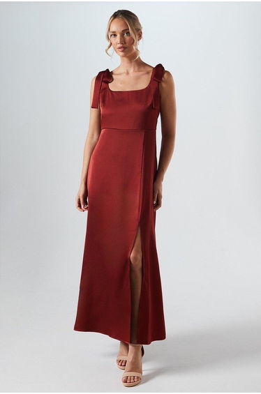 Satin Tie Shoulder Midi Bridesmaids Dress