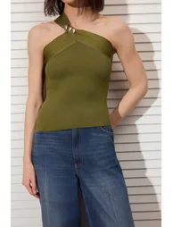 Light Khaki Single Sleeve Accessory Detail Fitted Knitwear Slim Blouse - 2