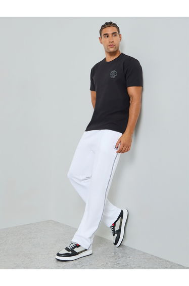 Men White Straight Leg Contrast Stitch Fleece Joggers