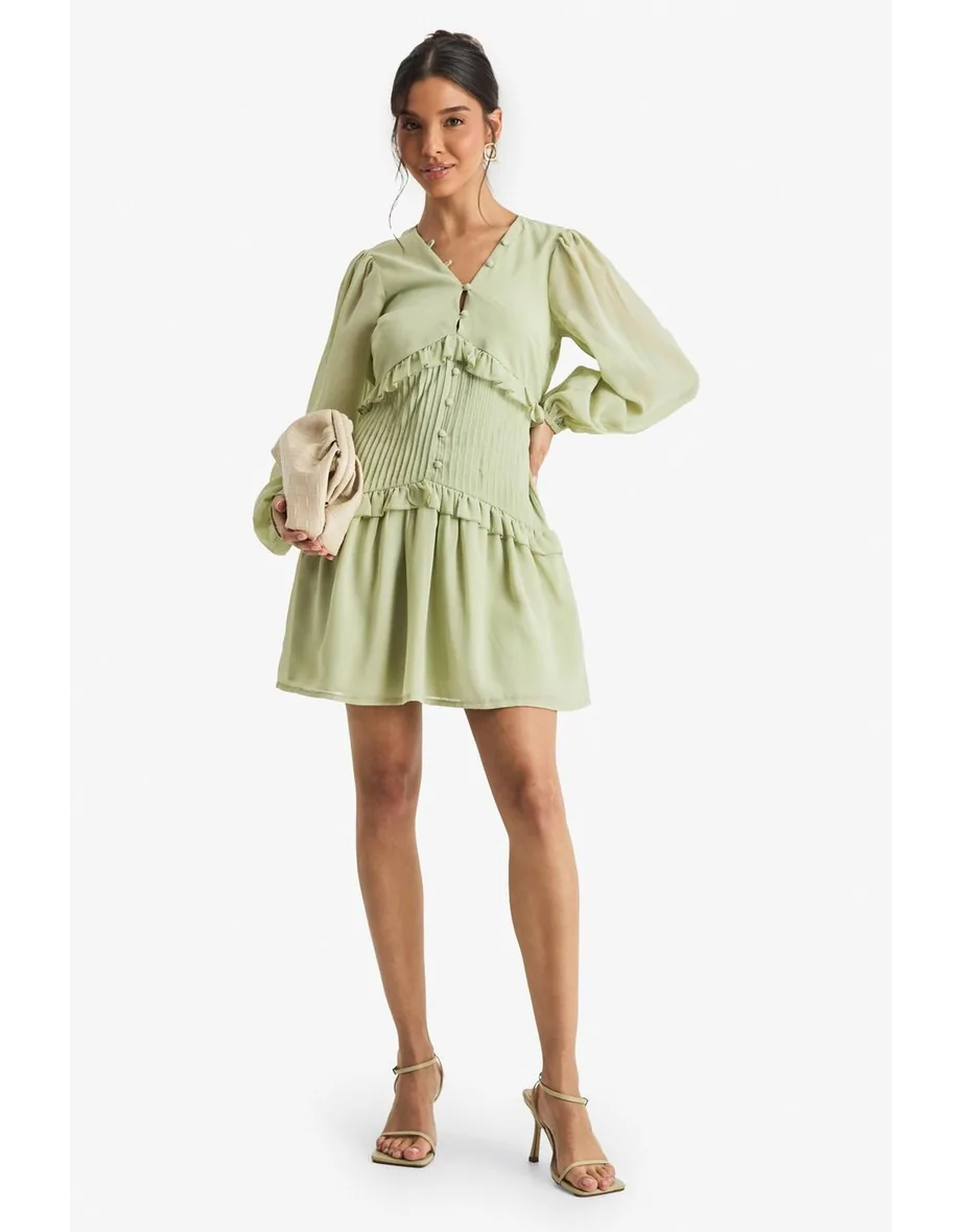 Chiffon Long Sleeve Pleated Waist Mini Dress - sage Boohoo Green : Holiday  Dresses : VogaCloset Oman