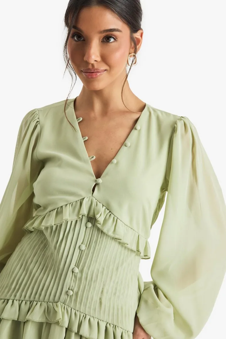 Chiffon Long Sleeve Pleated Waist Mini Dress - sage Boohoo Green : Holiday  Dresses : VogaCloset Oman